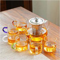 耐热耐高温玻璃茶具套装家用茶杯办公室功夫茶具泡茶壶简约小茶台 八骏壶+六彩把杯7件套
